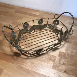 Unbranded Vintage Matte Gold Floral Leaf Pattern Wired Metal Side Handles Basket